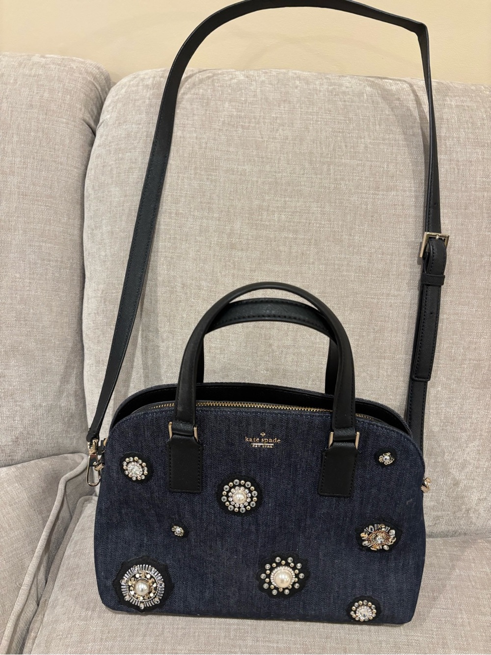 NEW, Gorgeous Kate Spade denim embellished jeweled pear & crystal Bag